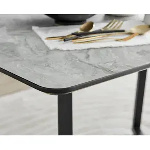 Industrial Design Grey & White Marble Effect Melamine Dining Table Set with 4 Luxury Velvet Chairs Grey/Black