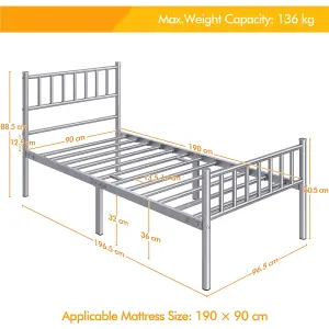 Yaheetech Silver 3ft Single Metal Bed Frame with Slatted Headboard and Footboard