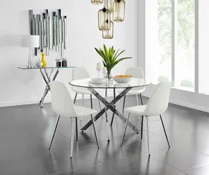 Furniturebox UK Novara Chrome Metal And Glass Large Round Dining Table And 4 White Corona Silver Chairs Set