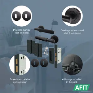 AFIT Matt Black Key Lock Knurled Door Handle Set Round Sash Lock (64mm), Hinges (76mm) & 2 Escutcheons - Dixon Range