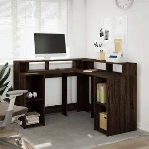 Berkfield Desk with LED Lights Brown Oak 130x130x91 cm Engineered Wood