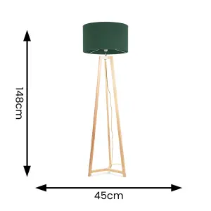 ValueLights Lottie Natural Wood Tripod Floor Lamp with Forest Green Drum Shade