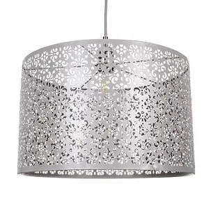 Marrakech Designed Large Grey Metal Pendant Light Shade with Floral Decoration