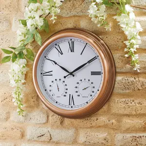 Vintage Design Garden Clock - Battery Powered Waterproof Wall Clock with Hygrometer & Thermometer - 38cm Diameter, Copper