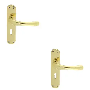 2 PACK - Rounded Smooth Latch & Lock Door Handle - Polished Brass Lever on Backplate