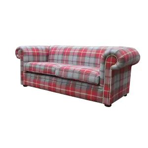 Chesterfield Tartan 1930's 3 Seater Sofa Balmoral Cherry Red Fabric In Classic Style