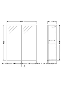 Contemporary Bathroom Wall Hung Mirror Cabinet-2 Door 50/50 Split, 600mm, Satin Green