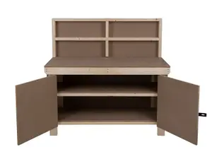 Wooden MDF Top Workbench With Lockable Cupboard (V.9) (H-90cm, D-70cm, L-180cm) with back panel and double shelf