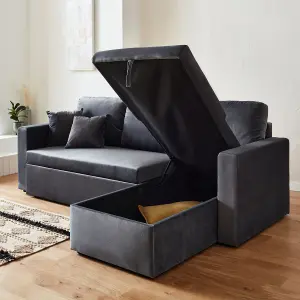 sweeek. 3-seater reversible corner sofa bed with storage Ida velvet Charcoal Grey 219x147x68 cm