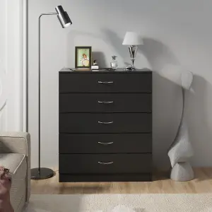 SunDaze Chest of Drawers Bedroom Furniture Bedside Cabinet with Handle 5 Drawer Black 75x36x90cm