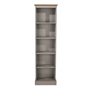 Premium  Corona Grey tall narrow bookcase, grey wax & antique wax top