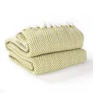 EHC Herringbone Lightweight Soft Warm Wool  Feel Acrylic Throws for Sofa Blanket  - Lime Green