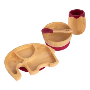 Tiny Dining - Elephant Bamboo Suction Baby Feeding Set - Red - 4pc