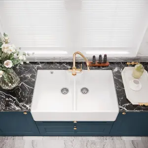 895mm - Double Bowl Fireclay Butler Kitchen Sink - Stepped Weir, Tap Hole & Waste