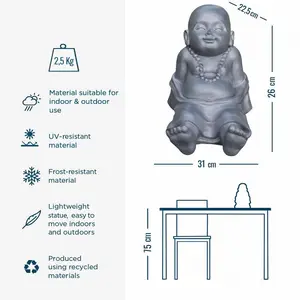 Buddha Statue Indoor and Outdoor, Grey Stone Effect Feng Shui Ornament, Resting Buddha Baby Monk Figurine L31 W22.5 H26 cm