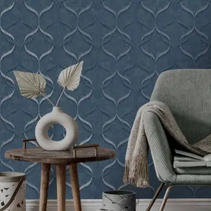 Milano Trellis Blue & Silver Wave Heavyweight Wallpaper M95628