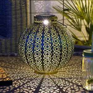 Festive Lights 26cm Blue & Gold Moroccan Garden Metal Lantern - Solar Powered White, Warm White & Colour Changing LEDs