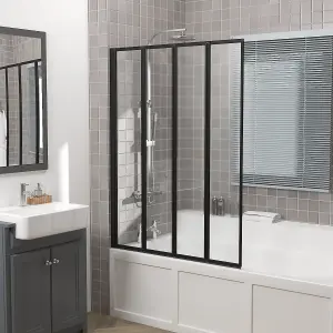 Rinse 850x1400mm Bathroom 4 Folding Panel Bath Shower Screen 4mm Self Clear Glass Pivot Door Reversible Black