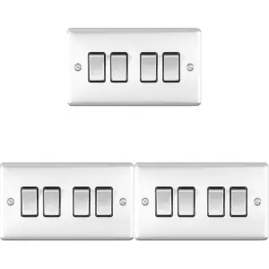 3 PACK 4 Gang Quad Metal Light Switch SATIN STEEL 2 Way 10A Black Trim