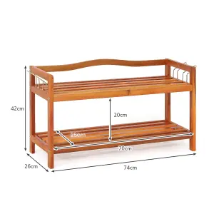 Costway 2-Tier Wood Shoe Rack Solid Shoe Storage Shelf Organizing Unit w/ Side Hooks