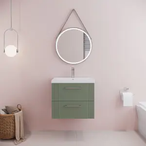 Retro 2 Drawer Wall Hung Vanity Unit with Mid-Edge 1 Tap Hole Ceramic Basin - 600mm - Satin Green - Balterley