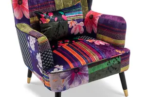 Fabric Patchwork Victoria Accent Wingback Chair with Footstool