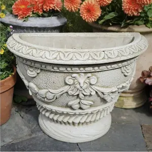 Round solid stone cast Garden Demi Planter