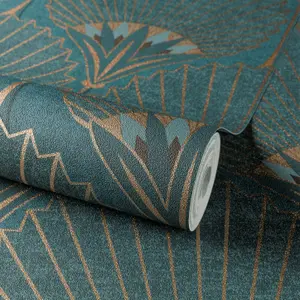 Grandeco Art Deco Nile Palm Textured Wallpaper, Blue Gold