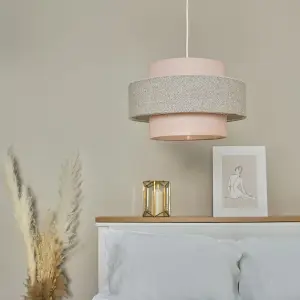 ValueLights Weaver Cylinder Ceiling Pendant Light Shade In Pink and Grey Herringbone Finish