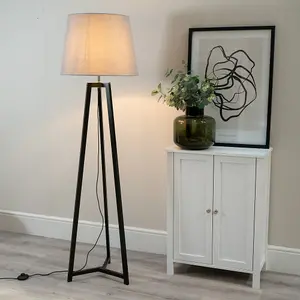 ValueLights Lottie Black Wood Tripod Floor Lamp with Grey Tapered Shade