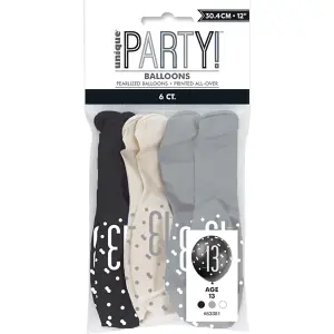 Unique Party Age 13 Glitz Latex Balloons (Pack Of 30) Black/White/Grey (One Size)