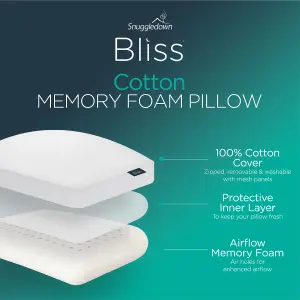 Snuggledown Cotton Memory Foam Pillow 1 Pack Firm Support Side Sleeper Orthopaedic Zipped Cover 64x38cm