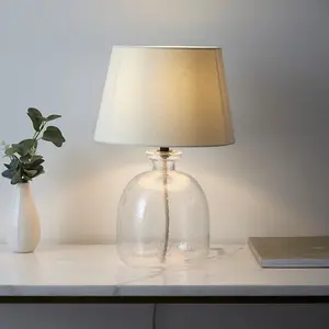 Luminosa Lyra & Cici 1 Light Table Lamp Clear Textured Glass, Ivory Linen Mix Fabric