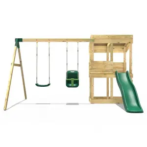 Rebo Wooden Lookout Tower Playhouse with 6ft Slide & Swings - Redwood