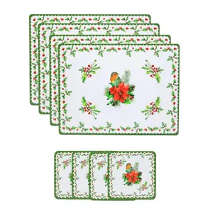 Placemats & Coasters Robin & Poinsettia Christmas Table Decor Wood Cork 8pcs Set