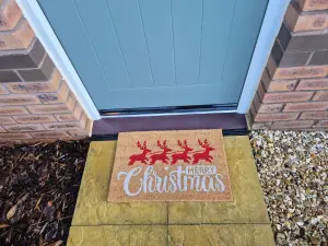 Natural Coir 60cm x 40cm heavy duty doormats with rubber base with humorous message (santa + reindeer)