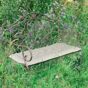 Vintage Brown Scrolled Iron Outdoor Garden Furniture Bench with Grey Bench Cushion