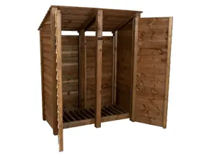 Wooden log store (roof sloping back) with door W-146cm, H-180cm, D-88cm - brown finish