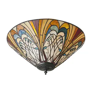 Tiffany Glass Flush Ceiling Light - French Style Design - Dimmable LED Lamp