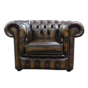 Chesterfield Low Back Club ArmChair Antique Gold Real Leather In Classic Style