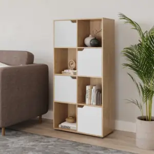 URBNLIVING 119cm Height 8 Cubes Oak Wooden Bookcase Shelving Display Shelf White Door Storage Unit