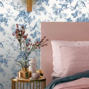 Rasch Chinoiserie Water Colour Blue & White Floral Birds Wallpaper 260554