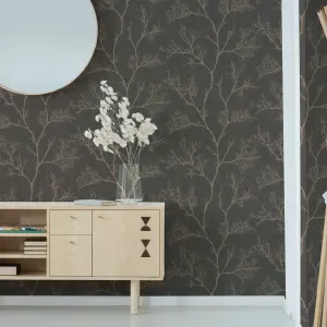 GoodHome Sudeley Brown Metallic effect Icy tree Textured Wallpaper