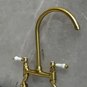 Liquida W23BR Traditional Two Hole Bridge Lever Brushed Brass Kitchen Mixer Tap