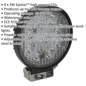 Waterproof Work Light & Mounting Bracket -27W SMD LED - 115mm Round Flash Torch