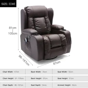 Caesar Bonded Leather Manual Recliner Armchair with Rocking Swivel Heat and Massage (Brown)