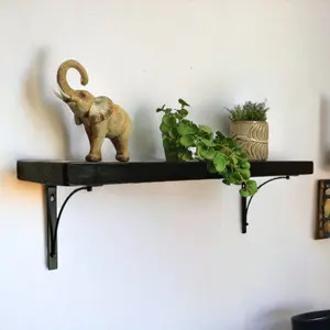 Solid Wood Handmade Rustical Shelf Black Ash 225mm 9 inch with Black Metal Bracket BOW Length of 240cm