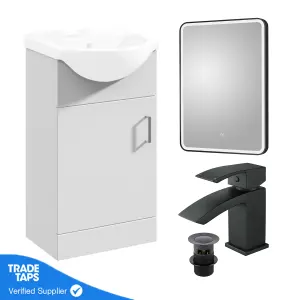 Gloss White 450mm Floor Standing 1-Door Vanity Unit & Round Basin with Square Matt Black Tap and Black Framed Mirror