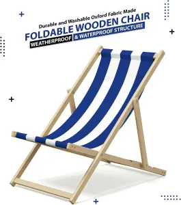 Folding Wood Deck Chair Wooden Beach Chair Seaside Sun Lounger Outdoor Garden Recliner Folding Deck Chair - Blue & White