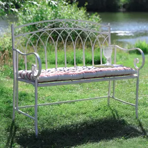 Vintage Cream Iron Arched Back Outdoor Garden Furniture Bench with Red Striped Bench Cushion